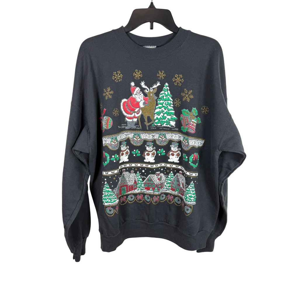 Vintage Hanes Christmas Sweatshirt Santa Snowman Reindeer XL Graphic Print 90s